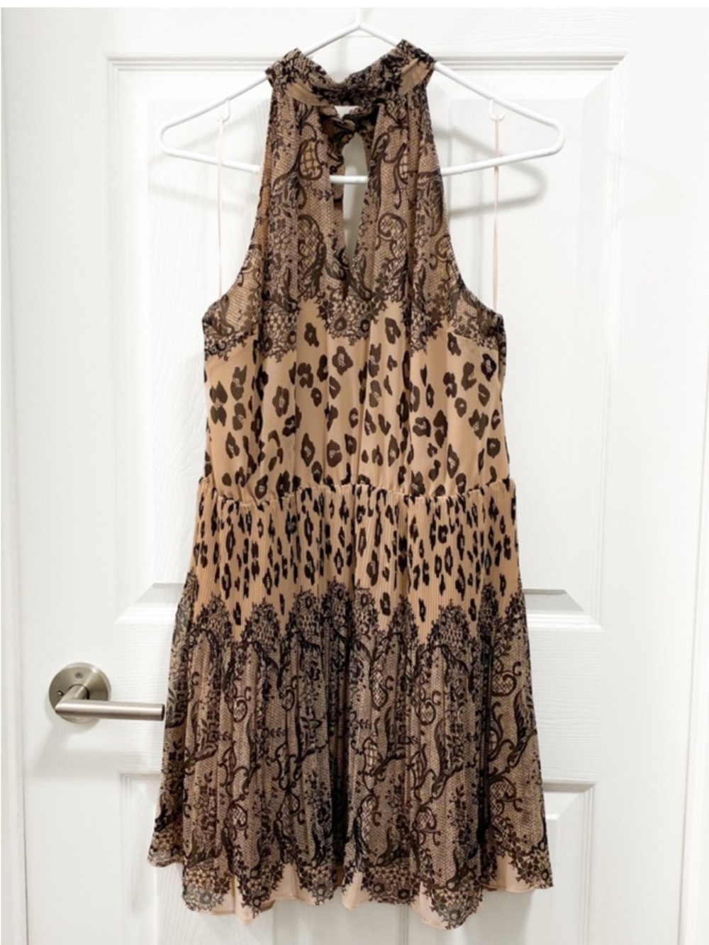 Oasis Black and Beige Lace & Animal-Print Mini Dress - Like New